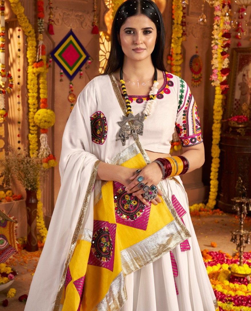 11043-white  - Garba Elegance in white Patchwork Splendor